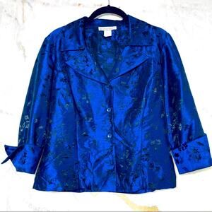 Vintage Womens Blue blazer sz S Oriental style Preppy silky embroidered cropped